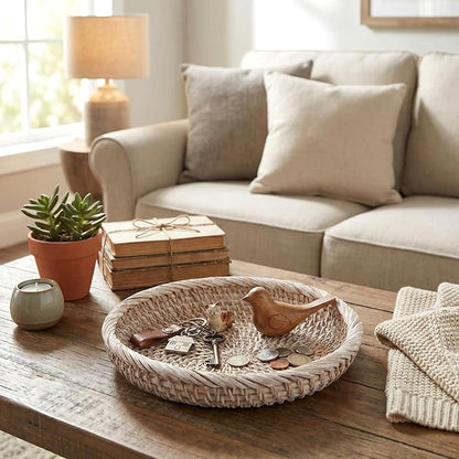 Hushee 3 Pcs Small Round Keys Basket for Entryway Woven Bowl Basket Rattan Wicker Round Tray Organizing for Keys Wallet Cell Phone Tabletop Serving Fruit Food Holder Decorative Table Storage (White)
