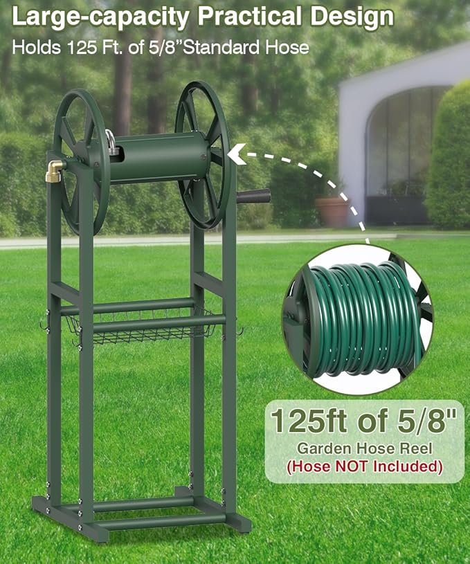 Freestanding Garden Hose Reel holds 125ft Hose of 5/8" with 4 Hooks, 4-Spike Outdoor Hose Holder with 3.9ft Leader Hose & Brass Fitting, Detachable Metal Hose Stand with Storage Rack, Green
