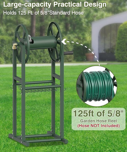 Freestanding Garden Hose Reel holds 125ft Hose of 5/8" with 4 Hooks, 4-Spike Outdoor Hose Holder with 3.9ft Leader Hose & Brass Fitting, Detachable Metal Hose Stand with Storage Rack, Green