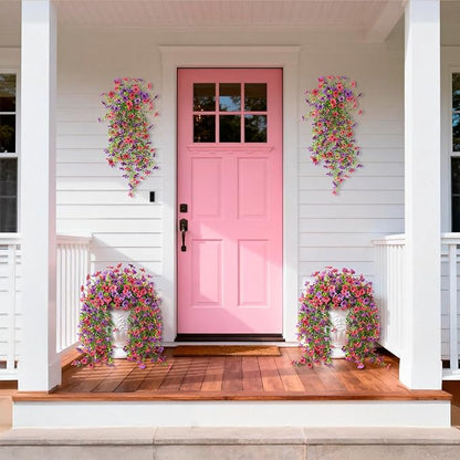 Fake Artificial Hanging Flowers for Outdoors, 2 Pcs Fake Hanging Plant Spring Summer Decor, UV Resistant No Fade Faux Silk Daisy Flower for Front Door Porch Planter Patio Yard Garden(Purple Hot Pink)