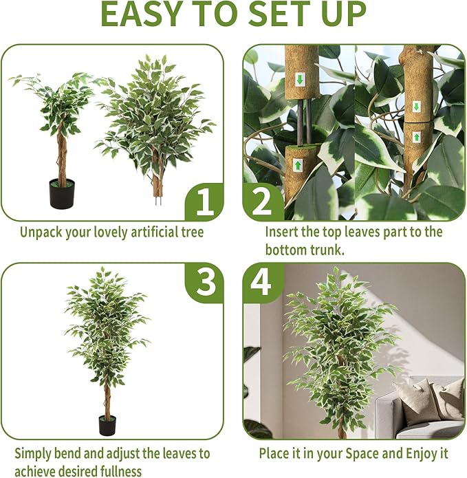 Ficus Tree Artificial, 4FT Realistic Fake Tree for Indoor, Faux Ficus Tree with Natural Wood Trunks Branch Leaves for Home, Office, Corner, Living Room, Bedroom, Porch, Garden Outdoor Decor