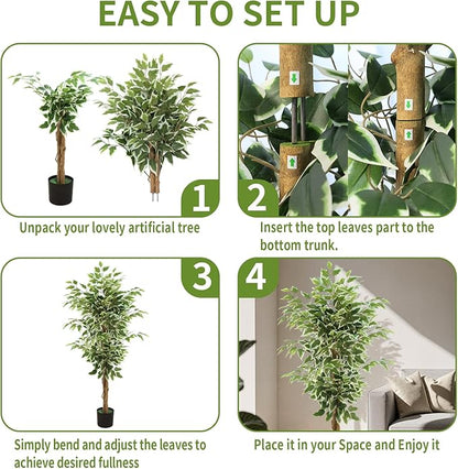 Ficus Tree Artificial, 4FT Realistic Fake Tree for Indoor, Faux Ficus Tree with Natural Wood Trunks Branch Leaves for Home, Office, Corner, Living Room, Bedroom, Porch, Garden Outdoor Decor