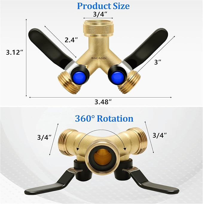 Brass Garden Hose Splitter, Hose y Splitter with Shutoff, Hose Splitter 2 Way Heavy Duty, Brass Y-Valve Water Garden Hose Adapter 2-Way Y-Valve 3/4" GHT Threads