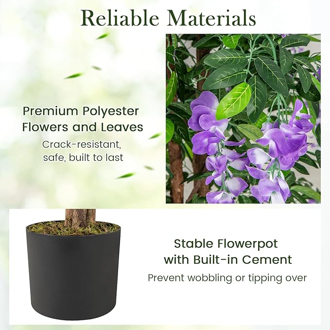 Goplus 5.5FT Ficus Artificial Tree, 2 Pack Faux Wisteria Tree in Nursery Pot with Blooming Flowers, Fake Potted Tree Greenery Floor Plant for Indoor Home Office Porch Living Room Decor