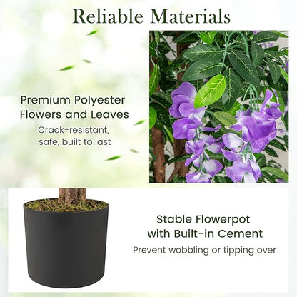 Goplus 5.5FT Ficus Artificial Tree, 2 Pack Faux Wisteria Tree in Nursery Pot with Blooming Flowers, Fake Potted Tree Greenery Floor Plant for Indoor Home Office Porch Living Room Decor