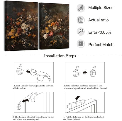 2pcs Vintage Dark Floral Canvas Wall Art Moody Autumn Floral Wall Decor Pictures Country Flowers Posters Prints Still Life Paintings for Farmhouse Living Room Bedroom Dining Room Decor 16x24 Inch