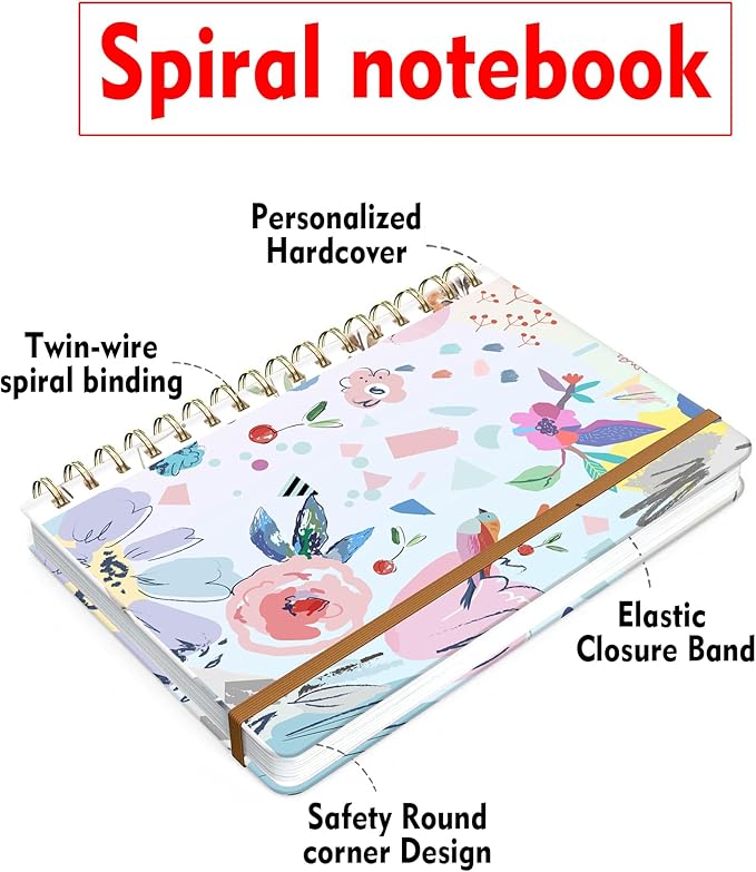Spiral Journal Notebook for Women, Hardcover A5 College Ruled Notebook, 120 Pages, Thick Paper, Cute Lined Journal for School, Office & Work, 6 x 8.4 in(Artistic Floral)
