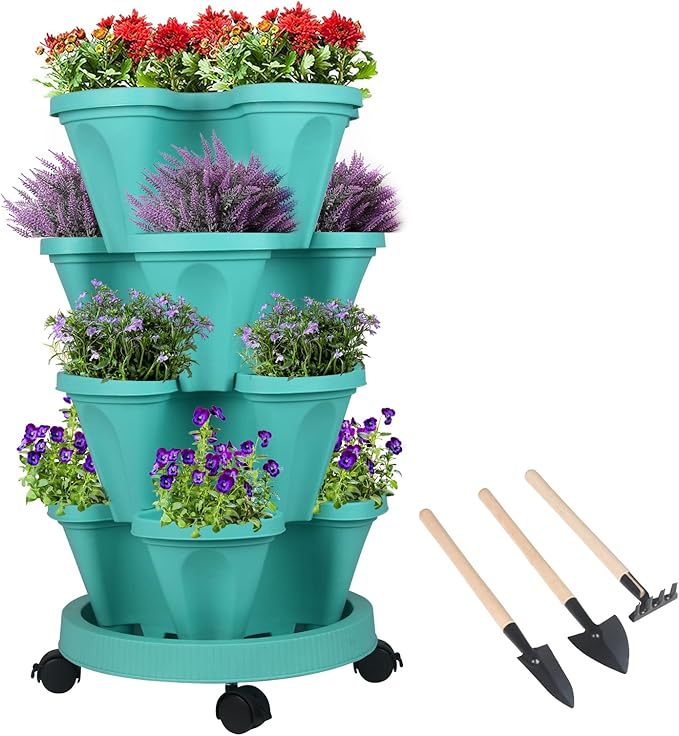 GameXcel Vertical Planter 4 Tier Stackable Planters Garden Planters Strawberry Herb Flower and Vegetable Planter Indoor Outdoor Gardening Pots with Removable Wheels and Tools