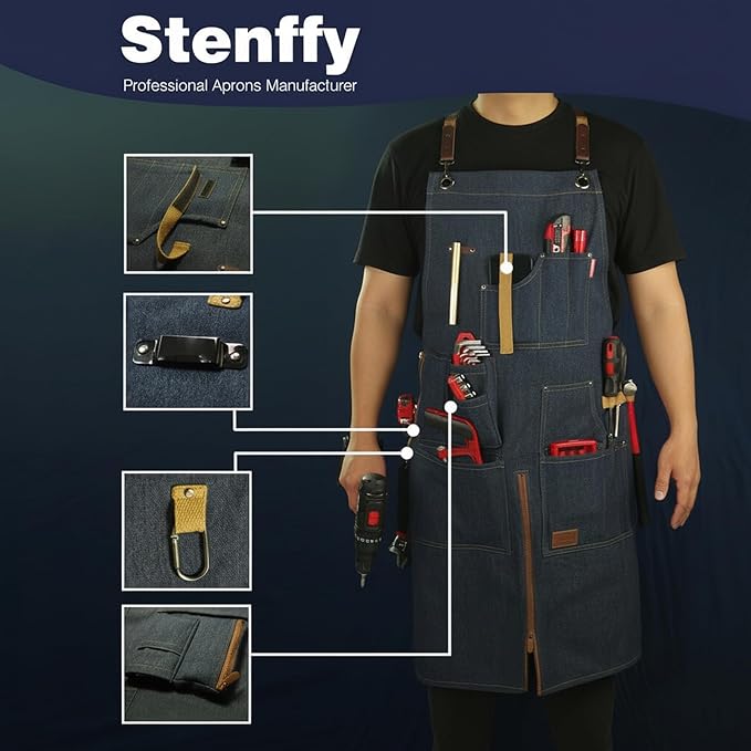 Woodworking Apron, Tool Apron, Canvas, Multiple Pockets, Adjustable Zipper, Metal Ring, Tape Measure Clip, Plus Size, Denim.