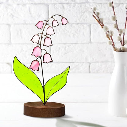 Lily of Valley Stained Glass Decor, Handmade Real Stained Glass Lily of Valley Flower Suncatchers with Walnut Wood Base, Cute Desk Windowsill Decor Plant Gifts for Women,Mom,Plant Lovers (Pink)