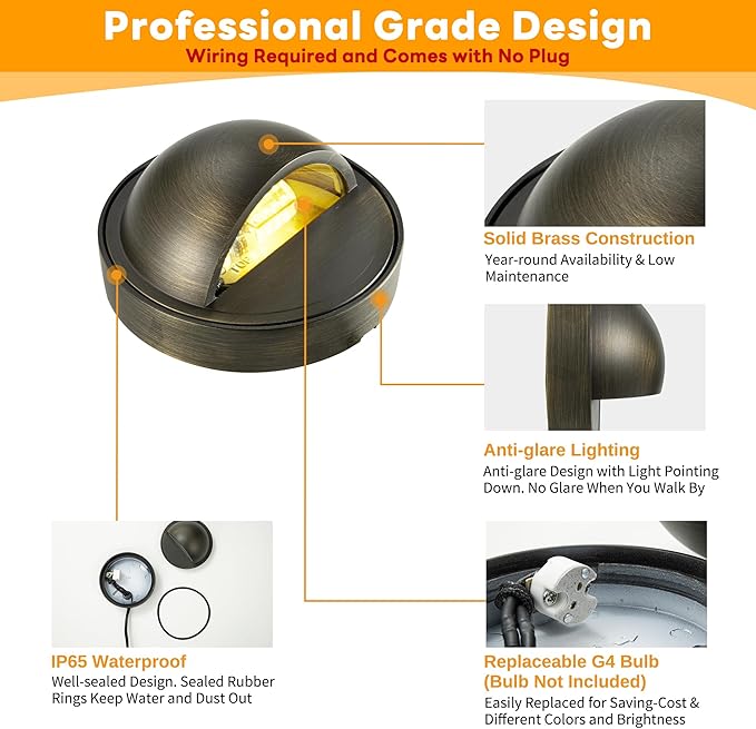 Gardenreet Low Voltage Deck Lights - Solid Brass Landscape Step Lights LED, 12V Hardwired IP65 Waterproof, Bronze Round Lighting for Stair Fence Wall Yard Without G4 Bulb 4 Pack