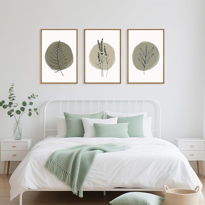 HOURIA Sage Green Leaves Framed Canvas Wall Art Set,Minimalism Boho Leaf Wall Decor, Modern Nature Botanical Wall Painting,Mid Century Plant Art Prints for Living Room,Bedroom,Farmhouse-24 x36 x3