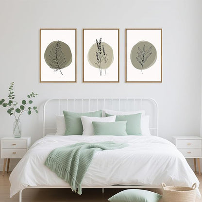 HOURIA Sage Green Leaves Framed Canvas Wall Art Set,Minimalism Boho Leaf Wall Decor, Modern Nature Botanical Wall Painting,Mid Century Plant Art Prints for Living Room,Bedroom,Farmhouse-16 x24 x3