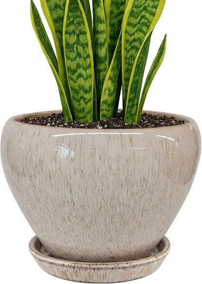 Deep Dream 8 Inch Plant Pots- Ceramic Pots for Plants with Drainage Hole and Saucer, Large Planter Pot for Indoor Plants Outdoor Decor, Beige