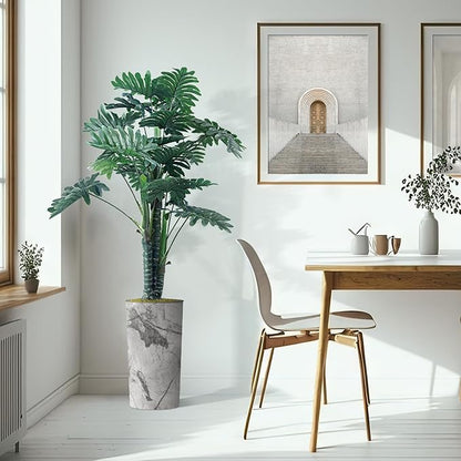 Artificial Tree in Gray Marble Effect Planter, Fake Philodendron Tree Silk Trees for Indoor and Outdoor Home Decoration - 70" Overall Tall (Plant Pot Plus Tree)
