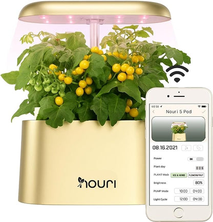 Nouri 5 pod APP Smart Garden for Home Cooks | w/Heirloom Tomato | Hydroponics Growing System | LED Grow Lights | Indoor Herb Garden Kit | Herb Growing Kit Indoors for Plant Lovers, Gardeners, Kitchen
