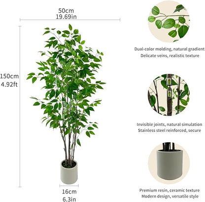 Artificial Ficus Tree with Green Leaves, 5ft Tall, Indoor Plant with Decorative Beige Planter