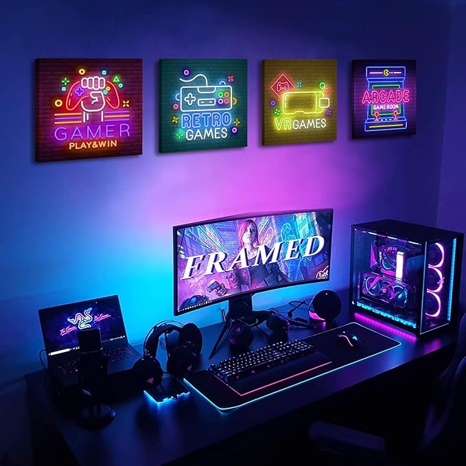 BLINFEIRU Game Room Decor Wall Art Video Gaming Pictures Canvas Prints 4 Piece Cool Pop Gaming Posters for Teen Room Boys Bedroom Framed Ready to Hang 12"x12"x4