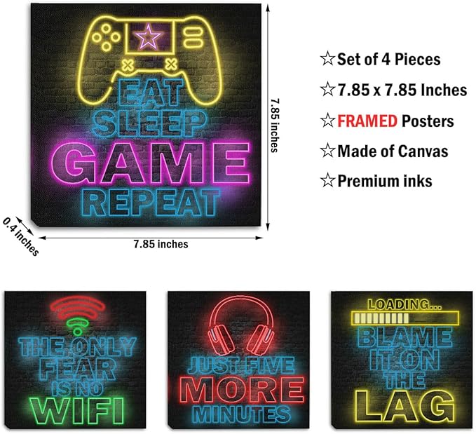 4 PCs Neon Gaming Wall Decor Canvas Wall Art Framed Art Game Room Decor Boys Room Decor Gaming Posters, Gamer Room Decor for Boys, Artwork for Walls Video Game Room Playroom Man Cave Home Decor