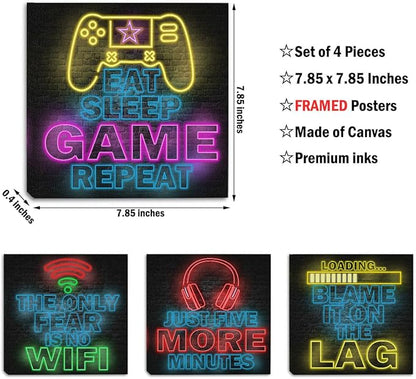 4 PCs Neon Gaming Wall Decor Canvas Wall Art Framed Art Game Room Decor Boys Room Decor Gaming Posters, Gamer Room Decor for Boys, Artwork for Walls Video Game Room Playroom Man Cave Home Decor