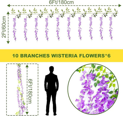 Wisteria Artificial Flowers Garland，10Pcs Total 60ft Silk Fake White Wisteria Flowers Hanging for Home Garden Wedding Arch Party Indoor Outdoor Decor(10,Purple)