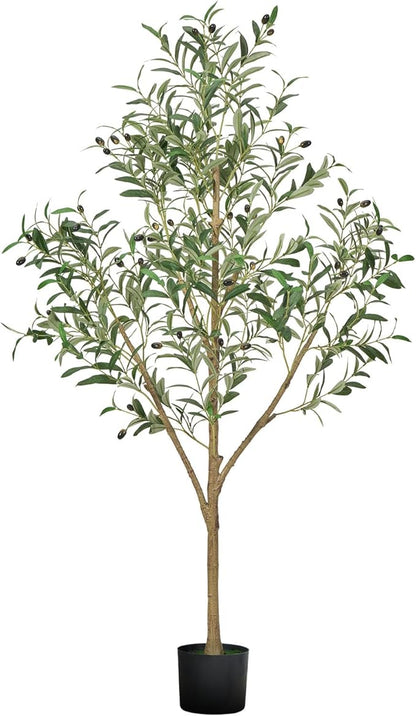 VEVOR 5FT Artificial Olive Tree with Black Pot, Tall Fake Tree with Natural Wood Trunk & Realistic Green Leaves and Fruits, Indoor Faux Plant for Home, Office, Living Room, Corner Decor