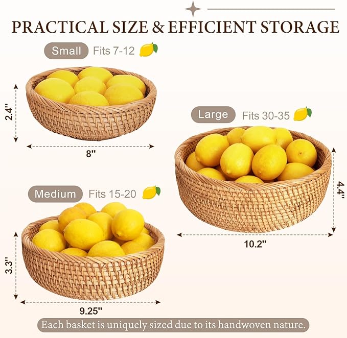 Rattan 10.2" Large Round Bread Basket for Fruit, Natural Wicker Fruit Basket for Kitchen Counter, Hand Woven Food Baskets, Bread Baskets for Serving, Large Wicker Basket for Vegetable, Snack, Candies