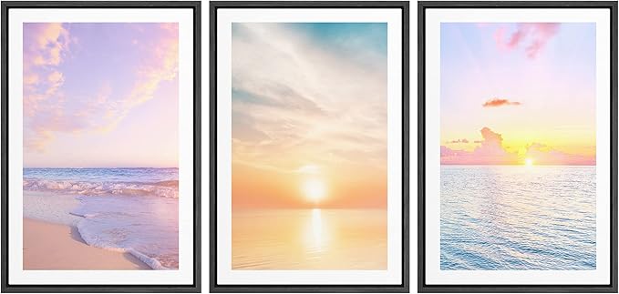 Ashbrook Framed Wall Art Print Set Pastel Dawn Sunset Ocean Beach Wave Landscape Nature Wilderness Photography Modern Art Scenic Colorful Chic for Living Room, Bedroom, Office - 16"x24"x3 Black