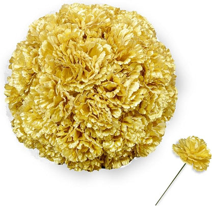 Silk Carnation Flower, 50 Artificial Flowers, Used for Wedding Decoration DIY Handmade Flowers, Carnation Flower Diameter 3.5 Inches and 6 Inches Stem (Gold)