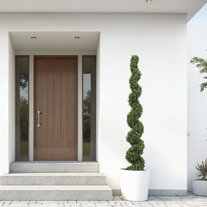 THE BLOOM TIMES 6ft Tall Spiral Topiary Trees Artificial Outdoor Set of 2, Large Faux Boxwood Fake Plants Outside UV Resistant for Front Porch Planter Garden Patio Decor 6 Foot
