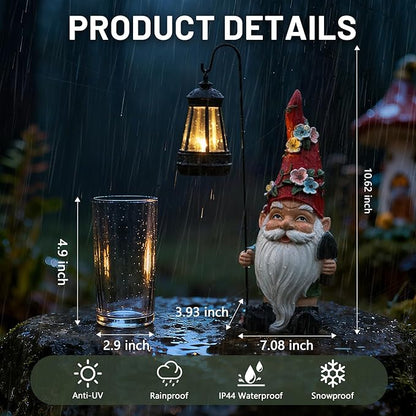 Garden Gnomes Statue with Solar Lantern, Outdoor Gnome Decorations for Yard, Outdoor Figurine Ornament with LED Lights for Patio Lawn, Housewarming Birthday Gift for Women Mom Grandma Wife