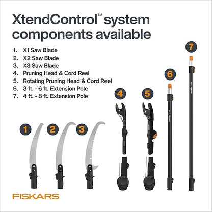 Fiskars XtendControl 14' Extendable Tree Pruner, Adjustable Pole Saw Branch Trimmer with 15" X2 Hook Bill Saw, 3-6' & 4-8' Extension Poles, and Secure Locking System for Precision Cutting