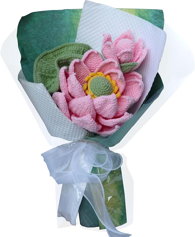 Pink Lotus Summer Crochet Flowers Bouquet Handmade Knitted Artificial Flowers Home Decor
