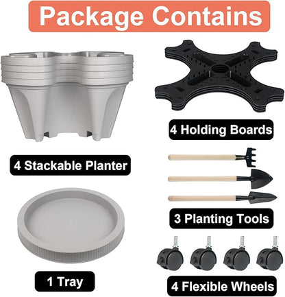 GameXcel Vertical Planter 4 Tier Stackable Planters Garden Planters Strawberry Herb Flower and Vegetable Planter Indoor Outdoor Gardening Pots with Removable Wheels and Tools 2-Pack