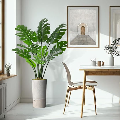 Artificial Tree in Gray Tan Watercolor Abstract Planter, Fake Monstera Silk Tree for Indoor and Outdoor Home Decoration - 65" Overall Tall (Plant Pot Plus Tree)