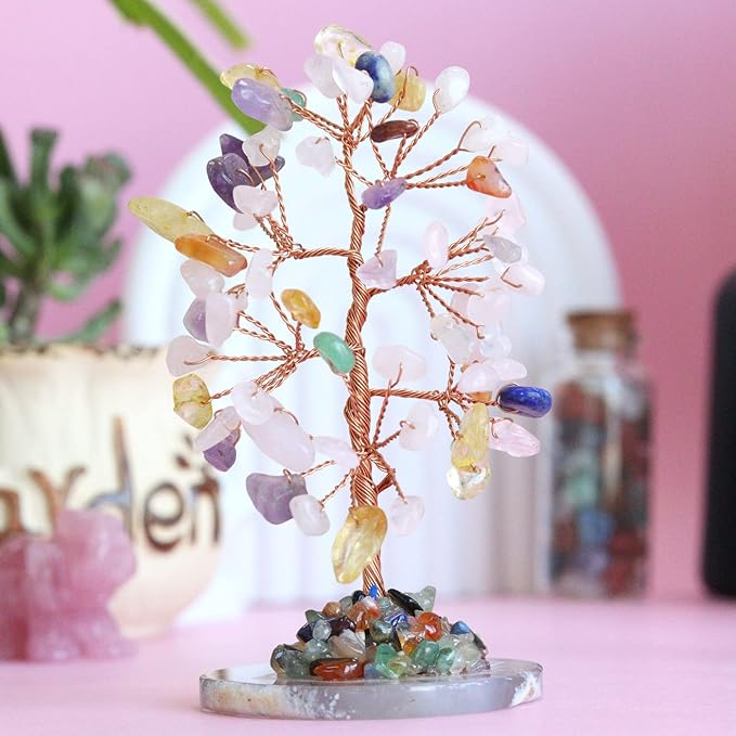 Muticolor Healing Crystal Tree of Life Natural Gemstone Agate Slice Base Copper Wire Wrapped Money Trees Feng Shui Reiki Spiritual Energy Decorations Home Office Room Desk Decor Gifts for Women Men