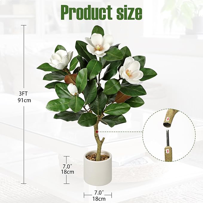 Briful 3FT Artificial Magnolia Flower Tree Faux White Magnolia Floral Tree with Cream Resin Pot Silk Flower Tree for Home & Office Living Room Décor
