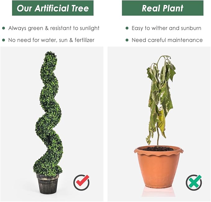 Goplus 4FT Artificial Spiral Boxwood Topiary Tree, 2 Pack Greenery Large Faux Plant in Cement-Filled Plastic Pot, Tall Fake Plant for Indoor Outdoor Home Front Porch Decor