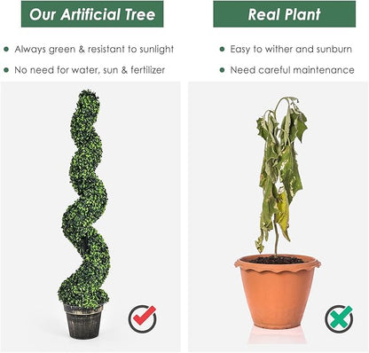 Goplus 4FT Artificial Spiral Boxwood Topiary Tree, 2 Pack Greenery Large Faux Plant in Cement-Filled Plastic Pot, Tall Fake Plant for Indoor Outdoor Home Front Porch Decor