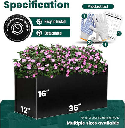 Black Planter Box Galvanized Steel Metal Planter Rectangular Indoor Large Outdoor Planters Steel Metallic Heavy Flower Pot 36In x 12In x 16In Commercial Residential for Patio, Backyard, Garden