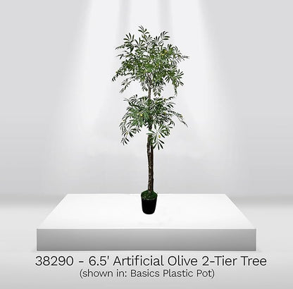 Cypress & Alabaster Handmade 6.5ft Artificial 2-Tier Olive Tree with Real Wood Trunks, Hypoallergenic, 6.5 Foot, Green