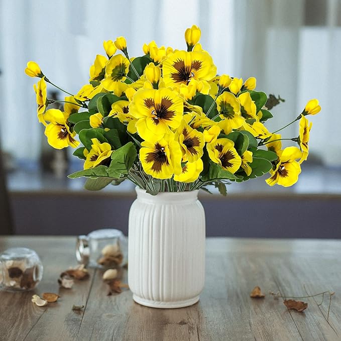 QIANYUN 8 Bundles Fake Flowers Pansy Small Wild Flower Daisy Faux Plastic Purple Flowers for Home Wedding Kitchen Garden Table Centerpieces Indoor Outdoor Decor (Yellow)