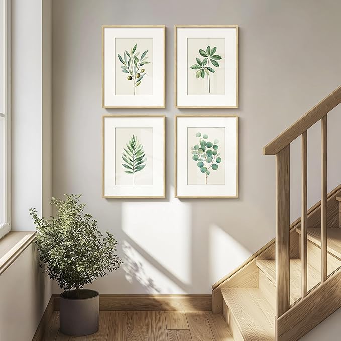 Framed Boho Sage Green Botanical Wall Art for Living Room, Farmhouse Minimalist Plant Artwork for Walls, 4 piece Vintage Leaf Picture Prints for Bathroom Bedroom Kitchen Wall Decor, 12x16 Inch