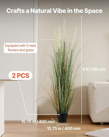 VEVOR Artificial Grass Plant, 2 Pack 59 inch Faux Reed Flower Grass in Pot, Premium PVC Fake Greenery Shrubs Plant for Indoor Outdoor House Home Garden Office Room Décor, Housewarming, Green