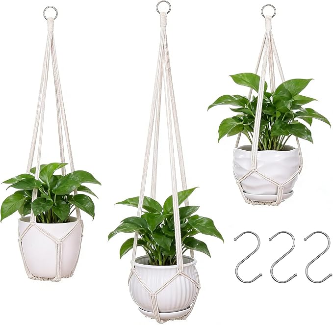 YIBOT 3 Pack Macrame Plant Hanger Indoor Hanging Planter Basket with 3 Hooks, 35"/29"/23" Crochet Plant Holder Stand No Tassels for Indoor Outdoor Boho Home Decor, Ivory (POTS NOT Included)