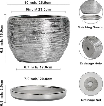 SQOWL Ceramic Pot for Plants - 10 Inch Planter Indoor, Round Large Planter Outdoor with Drainage Hole and Plant Saucer, Decorative Ceramic Flower Pot, Kitchen Decor, Housewarming Gifts, Silver