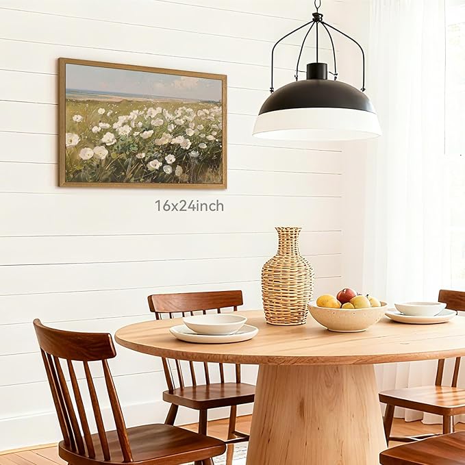 CAZLOUC Vintage Coastal Wall Art, White Wildflower Wall Decor, Rustic Farmhouse Landscape Canvas Painting, Nature Seaside Floral Poster Print for Bedroom Living Room Office Wood Framed 12x16 Inch