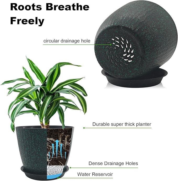 8/7/6 inch Plant Pots, 3 Pack Flower Pots for Outdoor Indoor Garden Plants, Large Planters with Multi Mesh Drainage Holes and Saucer (Black with Green Speckles, 8"+7"+6")
