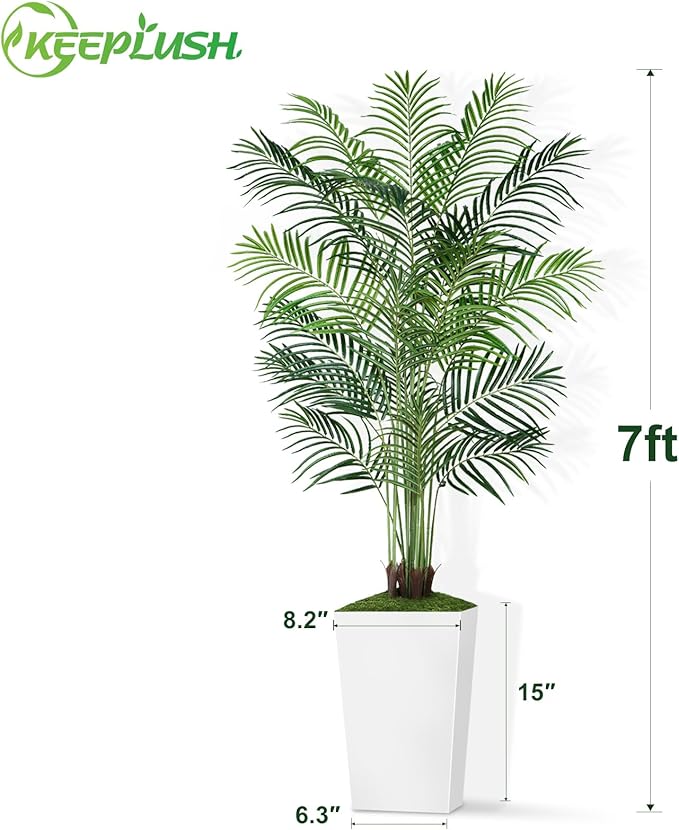 7ft Artificial Palm Tree with White Planter-Tall Artificial Indoor Plants, Fake Tropical Palm Tree, Faux Silk Plants for Home Office Living Room Bedroom Modern Decor