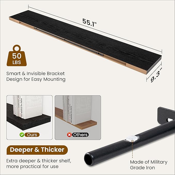 Fun Memories 55 Inch Fireplace Mantel Shelf -Long Floating Shelves, Deep Wall Mounted Farmhouse Display Shelves with Invisible Heavy Duty Metal Bracket, Black, 2 Pack